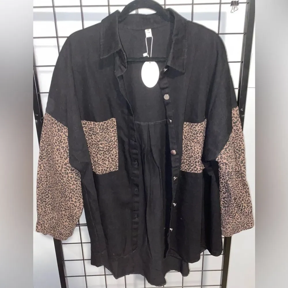 Naggoo black and leopard oversized denim shacket NWT